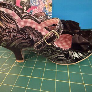 Irregular Choice Black Velvet Mary Janes with Bow & Metallic Accents Size 40